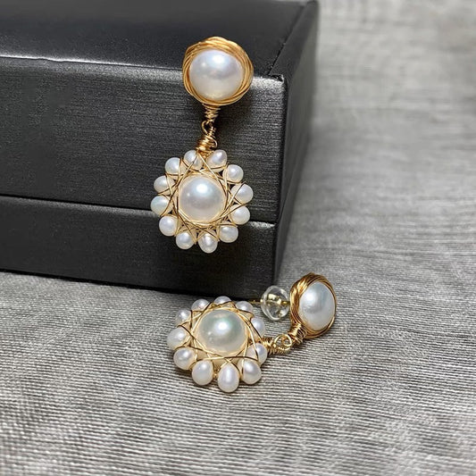"Flower" Handmade Natural Pearls 14k Gold Earing